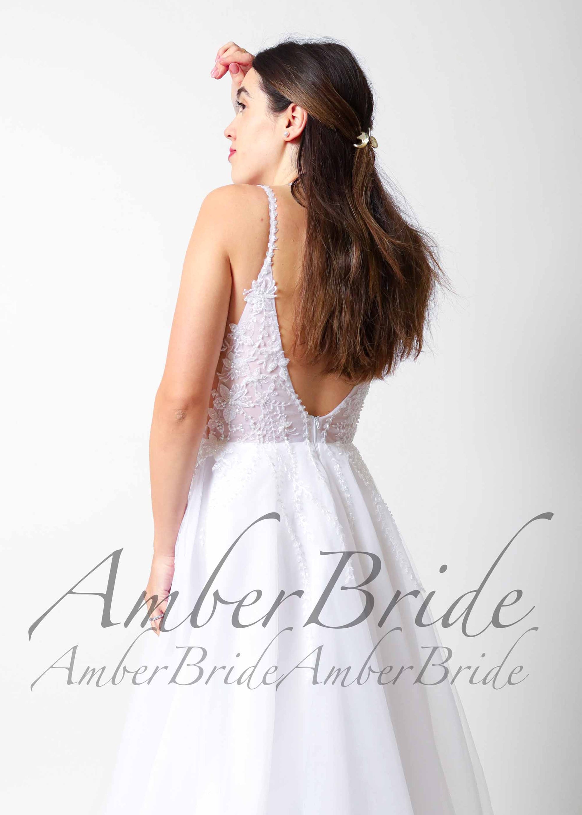 Rustic A Line Wedding Dress with Deep-V Neck and Backless Design