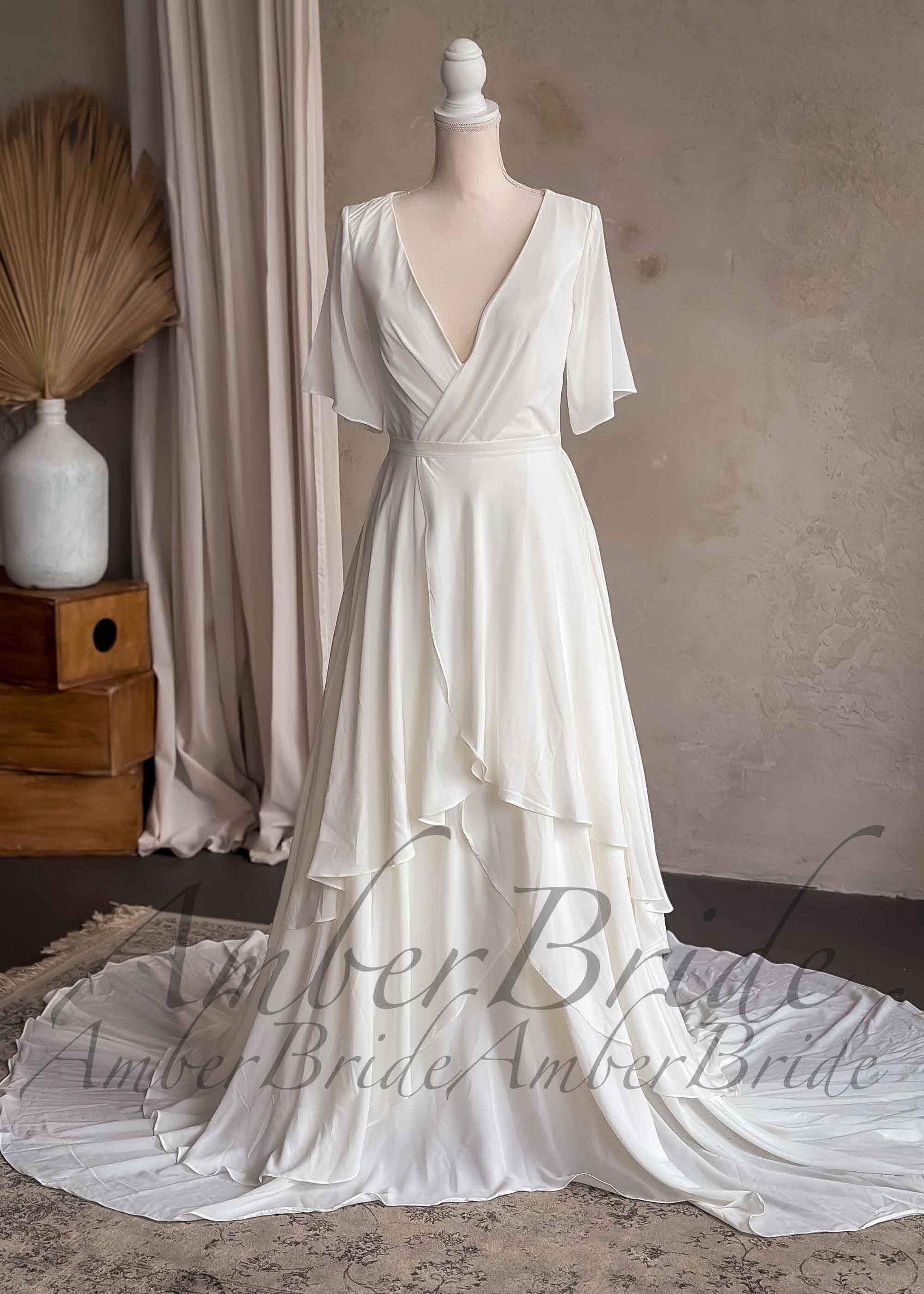 Medieval Chiffon Layered Wedding Dress with Flutter Sleeves | AmberBride Medieval Chiffon Layered Wedding Dress with Flutter Sleeves | AmberBride