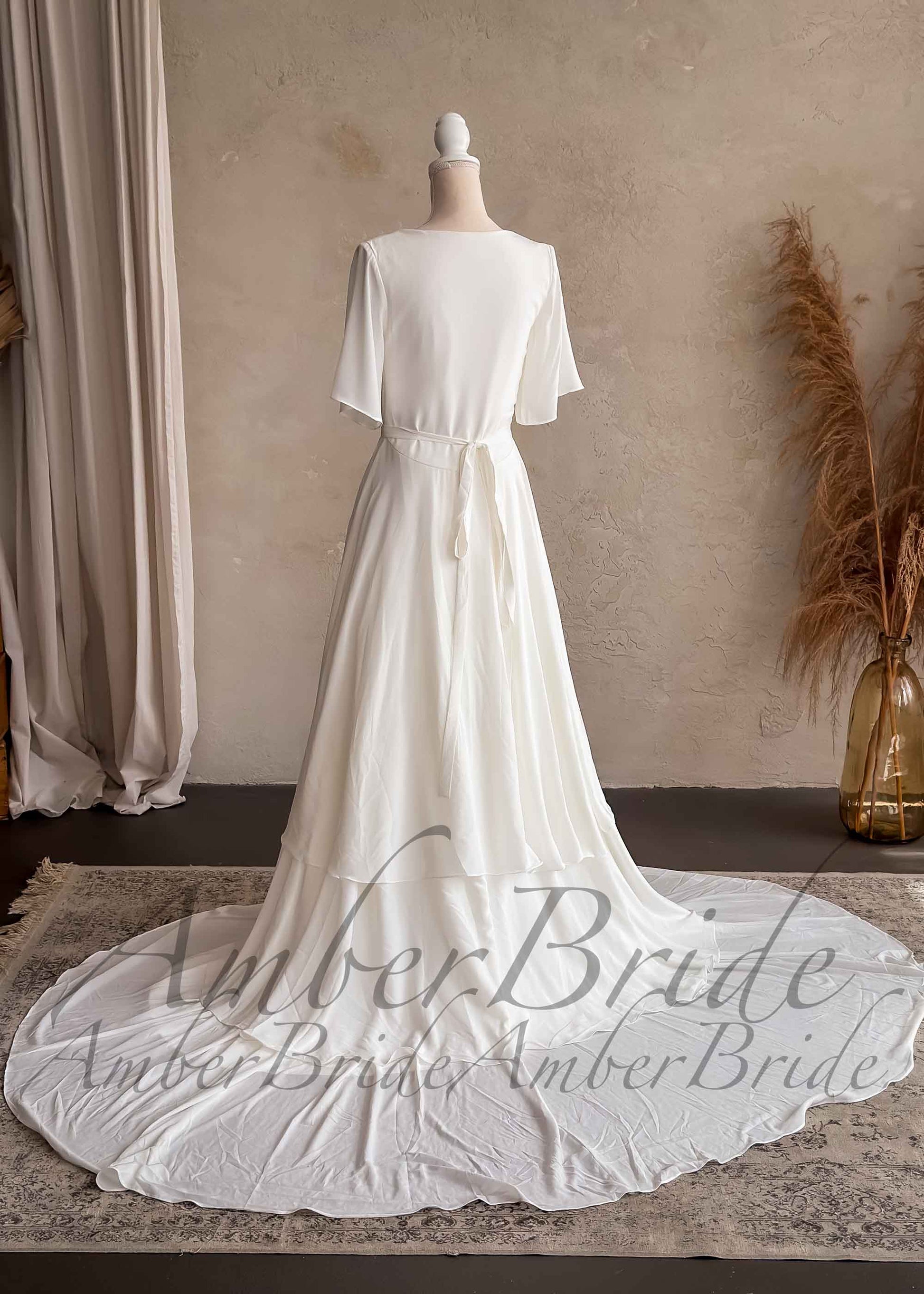 Medieval Chiffon Layered Wedding Dress with Flutter Sleeves | AmberBride Medieval Chiffon Layered Wedding Dress with Flutter Sleeves | AmberBride
