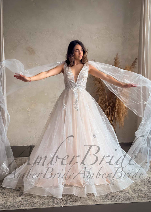 Romantic A Line Floral Design Wedding Dress with Long Cape