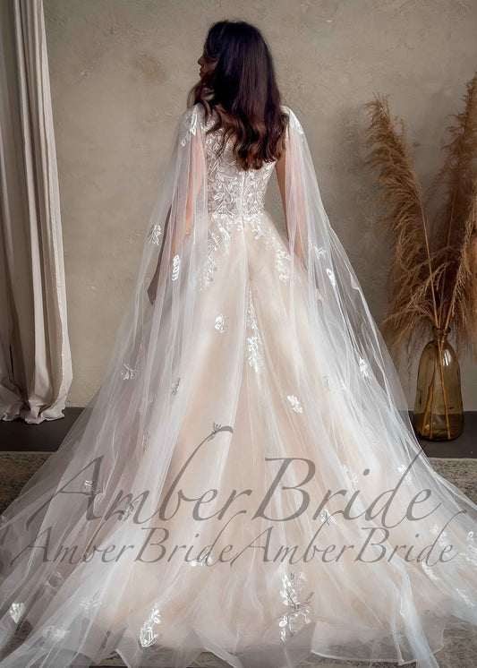 Romantic A Line Floral Design Wedding Dress with Long Cape