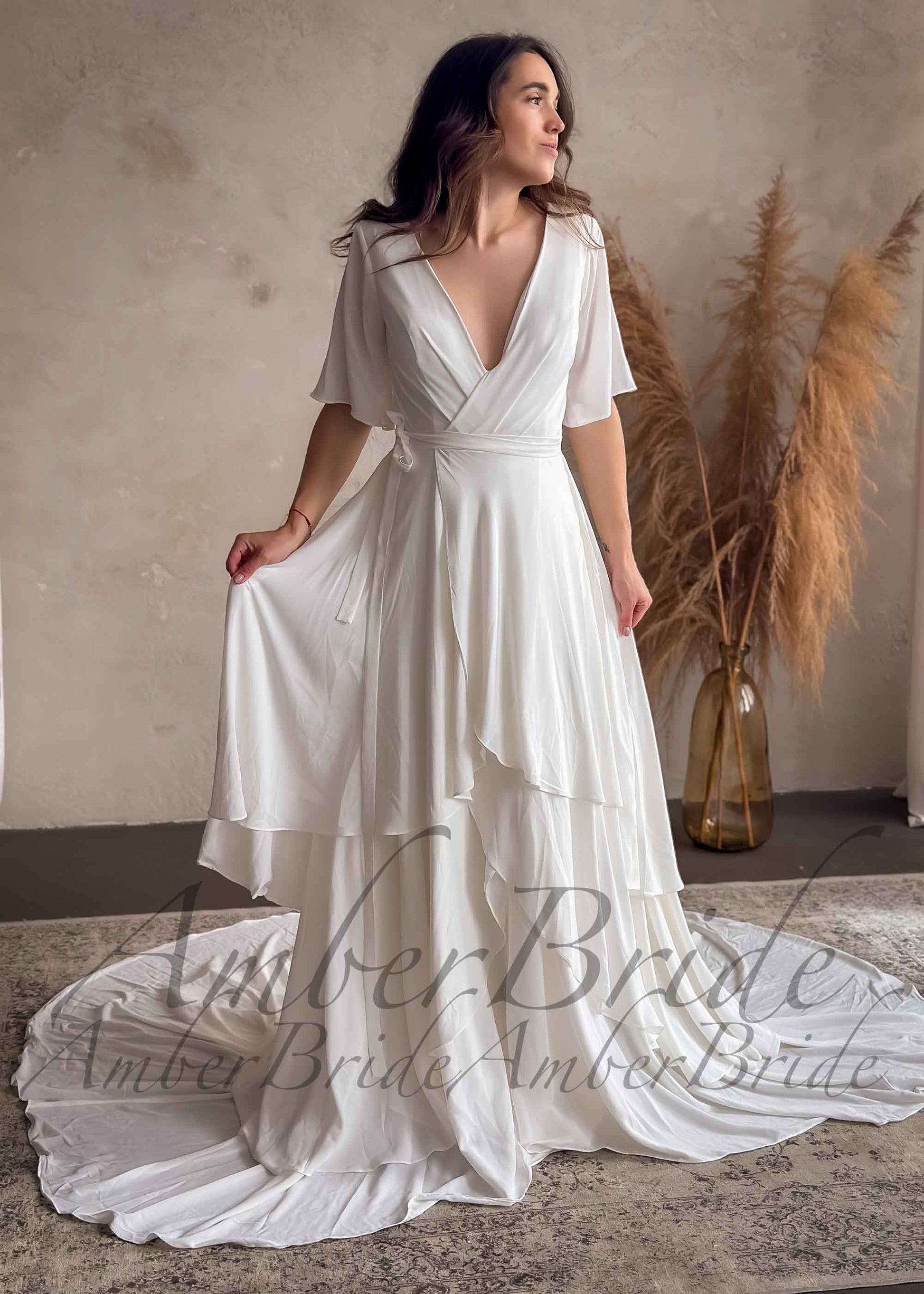 Medieval Chiffon Layered Wedding Dress with Flutter Sleeves | AmberBride Medieval Chiffon Layered Wedding Dress with Flutter Sleeves | AmberBride