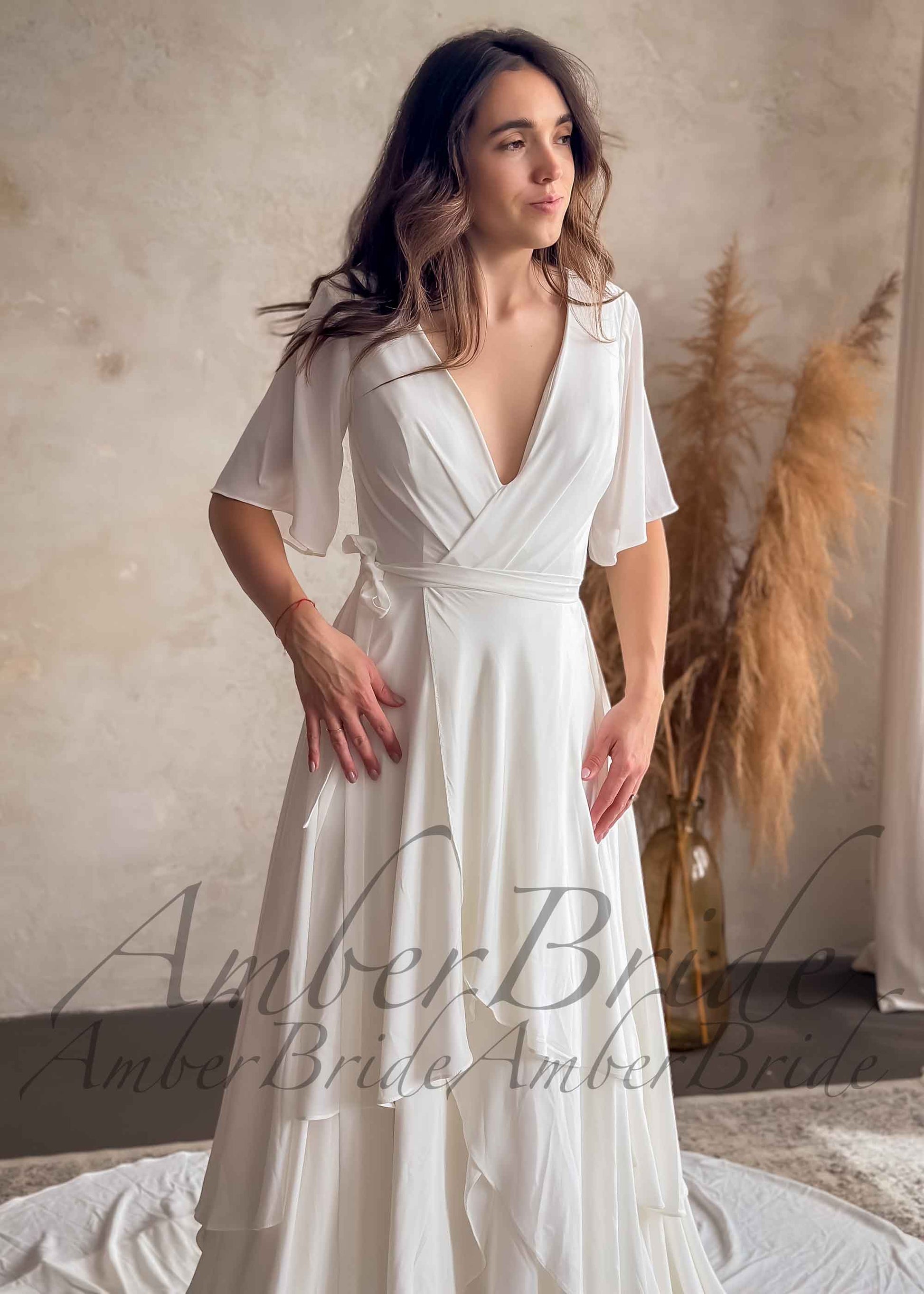 Medieval Chiffon Layered Wedding Dress with Flutter Sleeves | AmberBride Medieval Chiffon Layered Wedding Dress with Flutter Sleeves | AmberBride