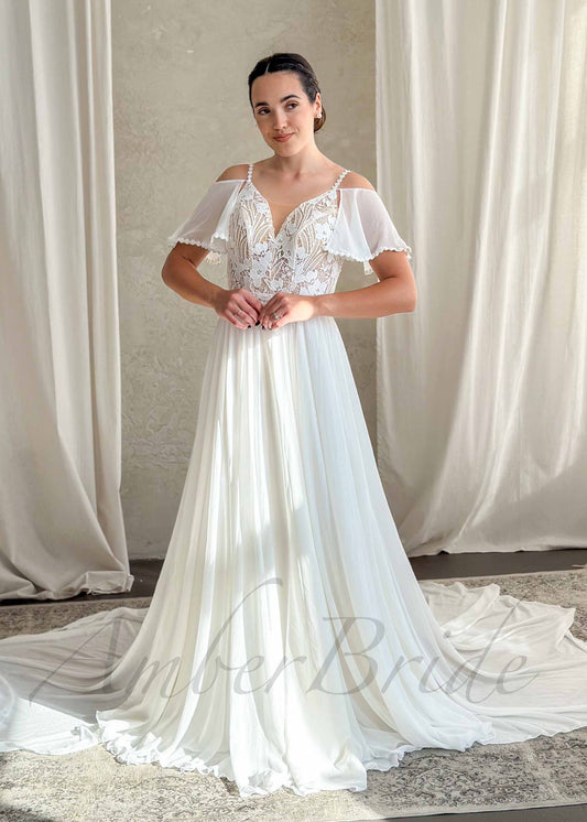 Boho Chiffon Wedding Dress with Flutter Sleeve and Floral Lace Bodice