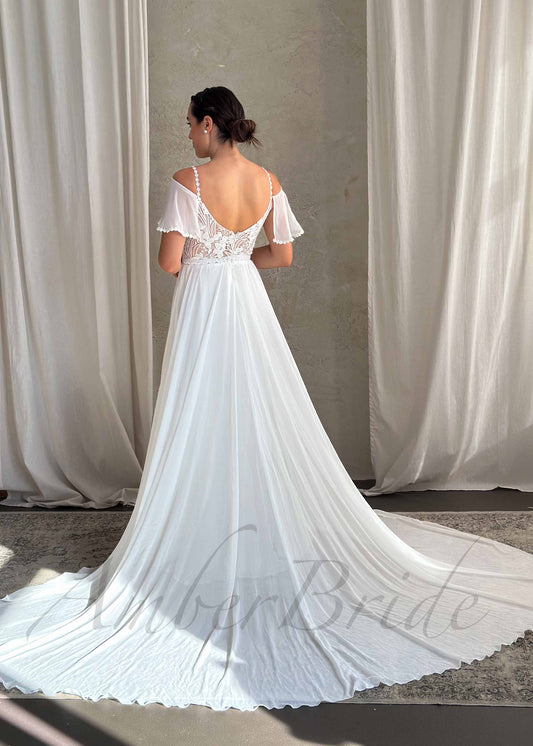 Boho Chiffon Wedding Dress with Flutter Sleeve and Floral Lace Bodice