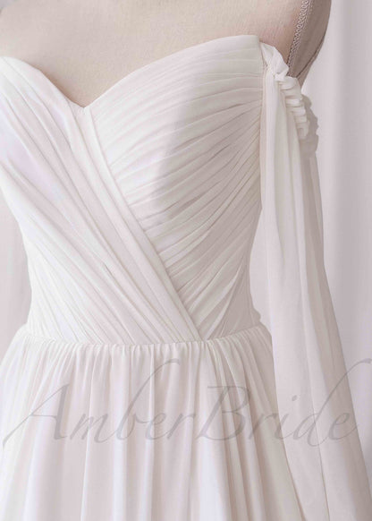 Elegant A Line Wedding Dress with Folder Chiffon Bodice and Flowy Long Train