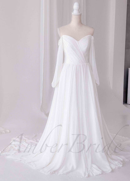 Elegant A Line Wedding Dress with Folder Chiffon Bodice and Flowy Long Train