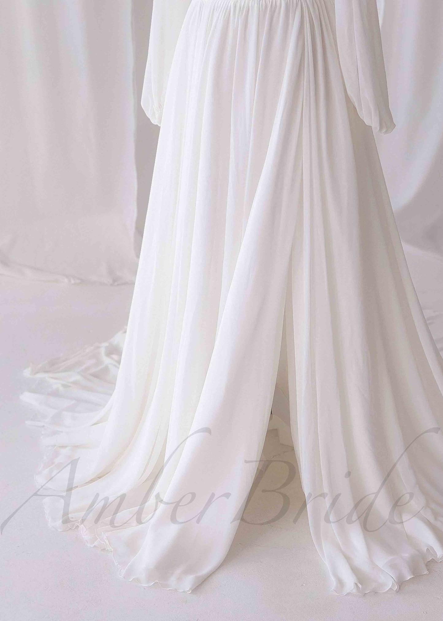 Elegant A Line Wedding Dress with Folder Chiffon Bodice and Flowy Long Train