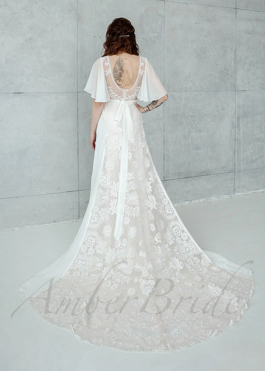 Boho A-Line Chiffon Wedding Dress with Lace Flowers, Cape Sleeve and Backless Design