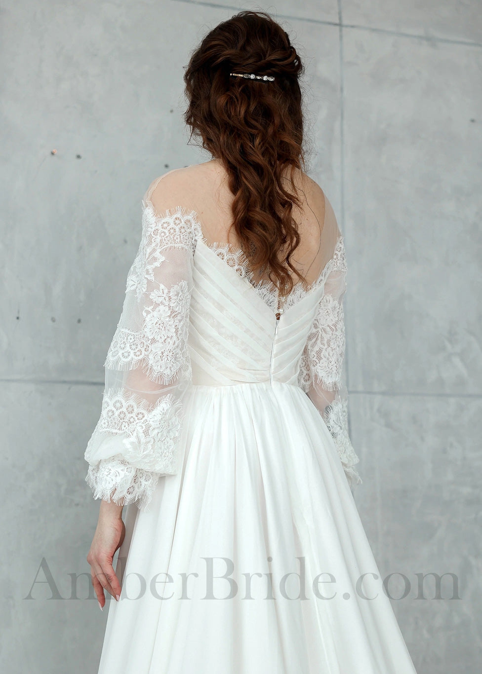 Boho Chiffon Wedding Dress with Long Puffy Sleeves and Flower Lace Appliques