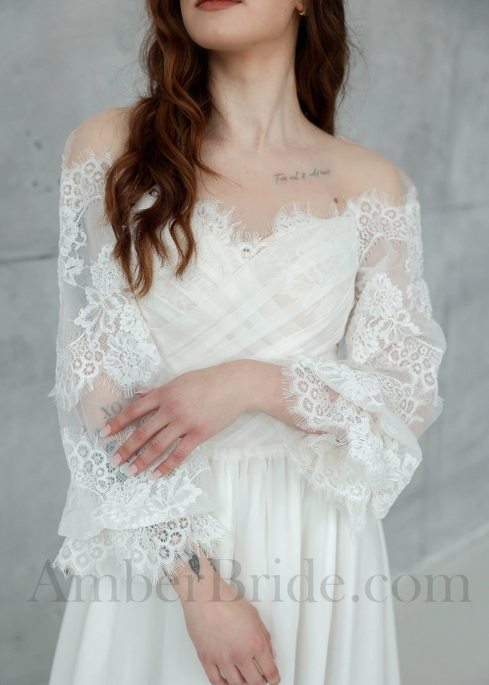 Boho Chiffon Wedding Dress with Long Puffy Sleeves and Flower Lace Appliques