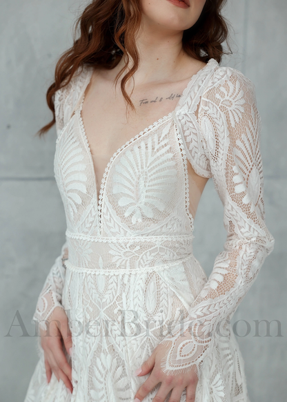 Boho Spaghetti Strap A-Line Wedding Dress with Floral Details and Detachable Jacket