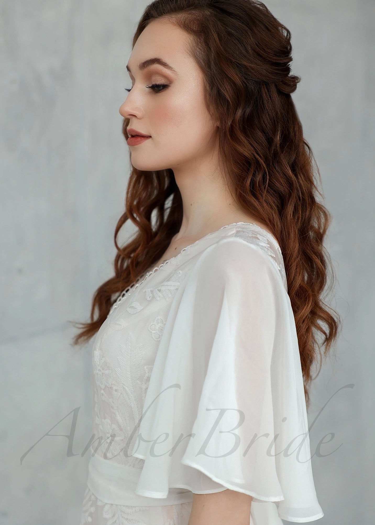 Boho A-Line Chiffon Wedding Dress with Lace Flowers, Cape Sleeve and Backless Design