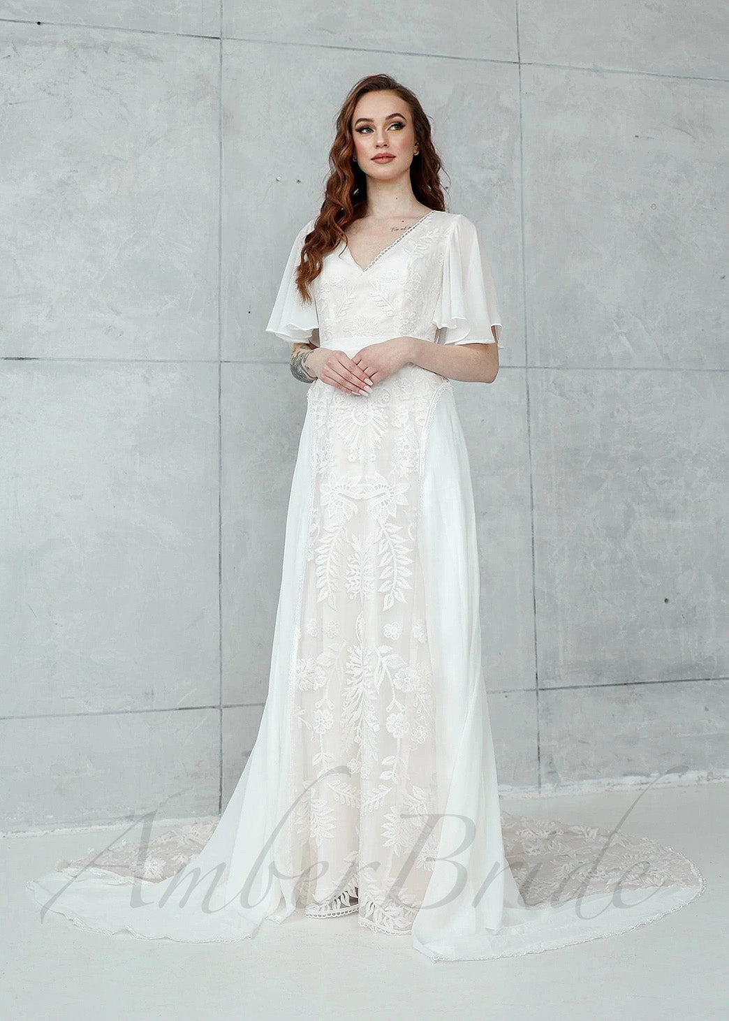 Boho A-Line Chiffon Wedding Dress with Lace Flowers, Cape Sleeve and Backless Design