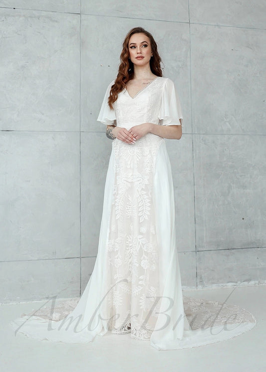 Boho A-Line Chiffon Wedding Dress with Lace Flowers, Cape Sleeve and Backless Design