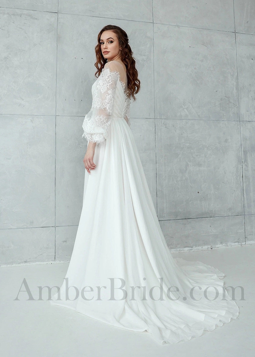 Boho Chiffon Wedding Dress with Long Puffy Sleeves and Flower Lace Appliques