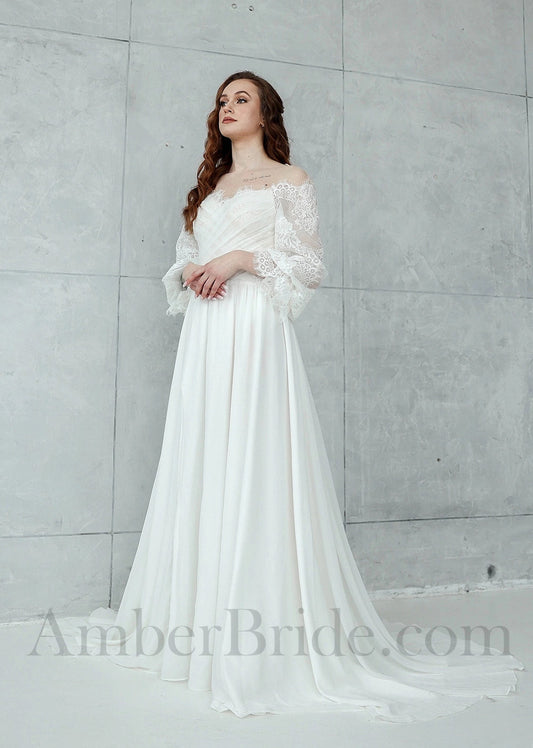 Boho Chiffon Wedding Dress with Long Puffy Sleeves and Flower Lace Appliques