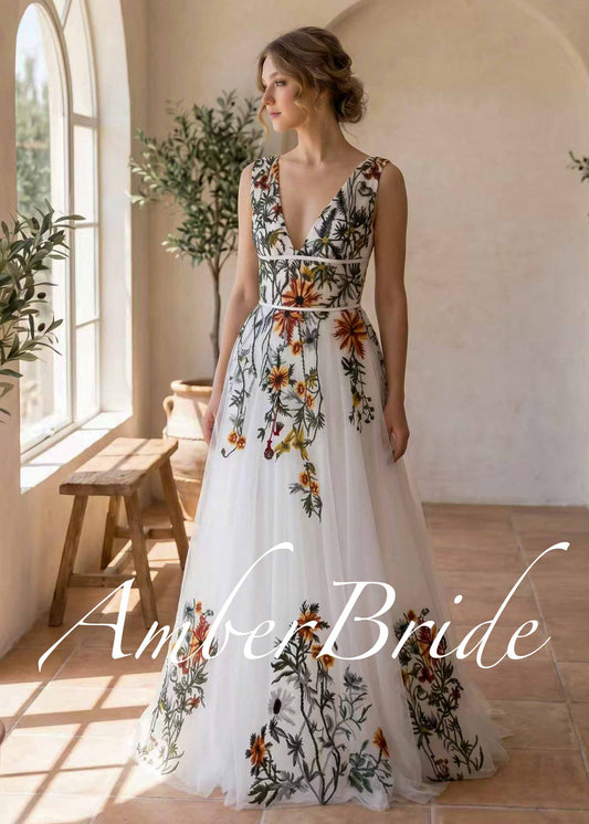 Wildflower Embroidered Tulle A-Line Wedding Dress with V-Neck and Open Back