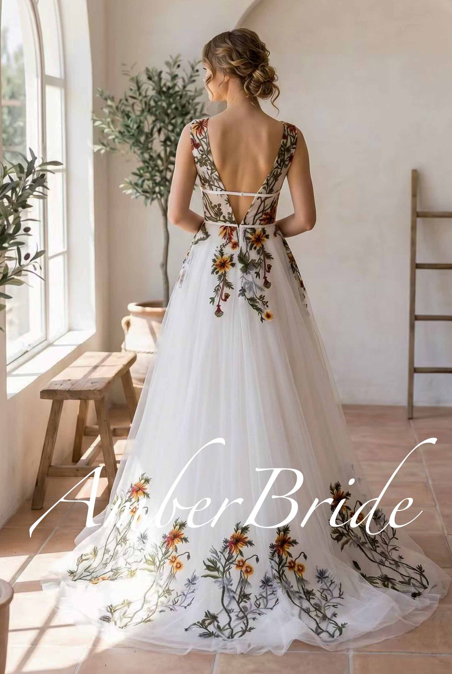 Wildflower Embroidered Tulle A-Line Wedding Dress with V-Neck and Open Back