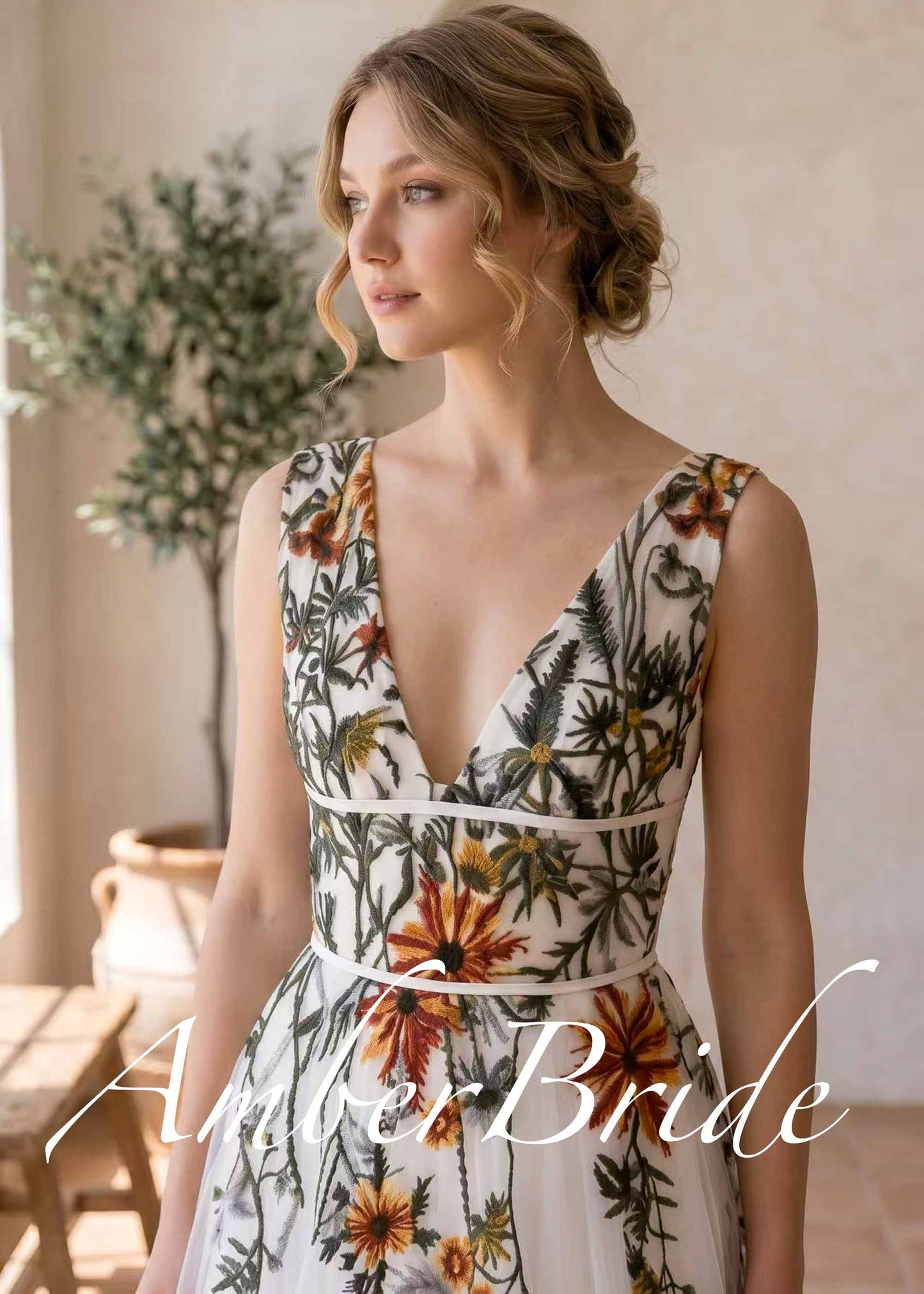 Wildflower Embroidered Tulle A-Line Wedding Dress with V-Neck and Open Back