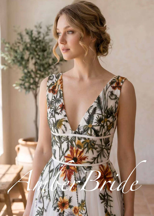 Wildflower Embroidered Tulle A-Line Wedding Dress with V-Neck and Open Back