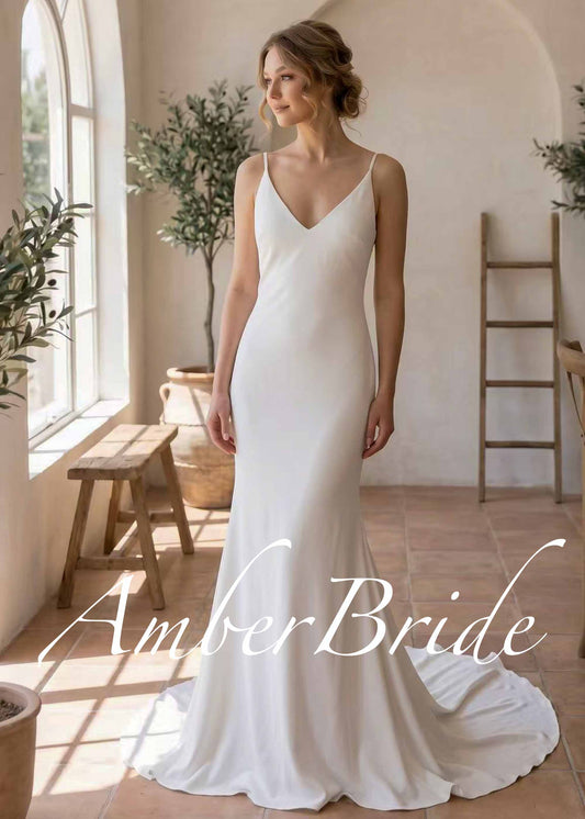Minimalist Crepe Mermaid Wedding Dress with Spaghetti Straps, V-Neck and Low Open Back