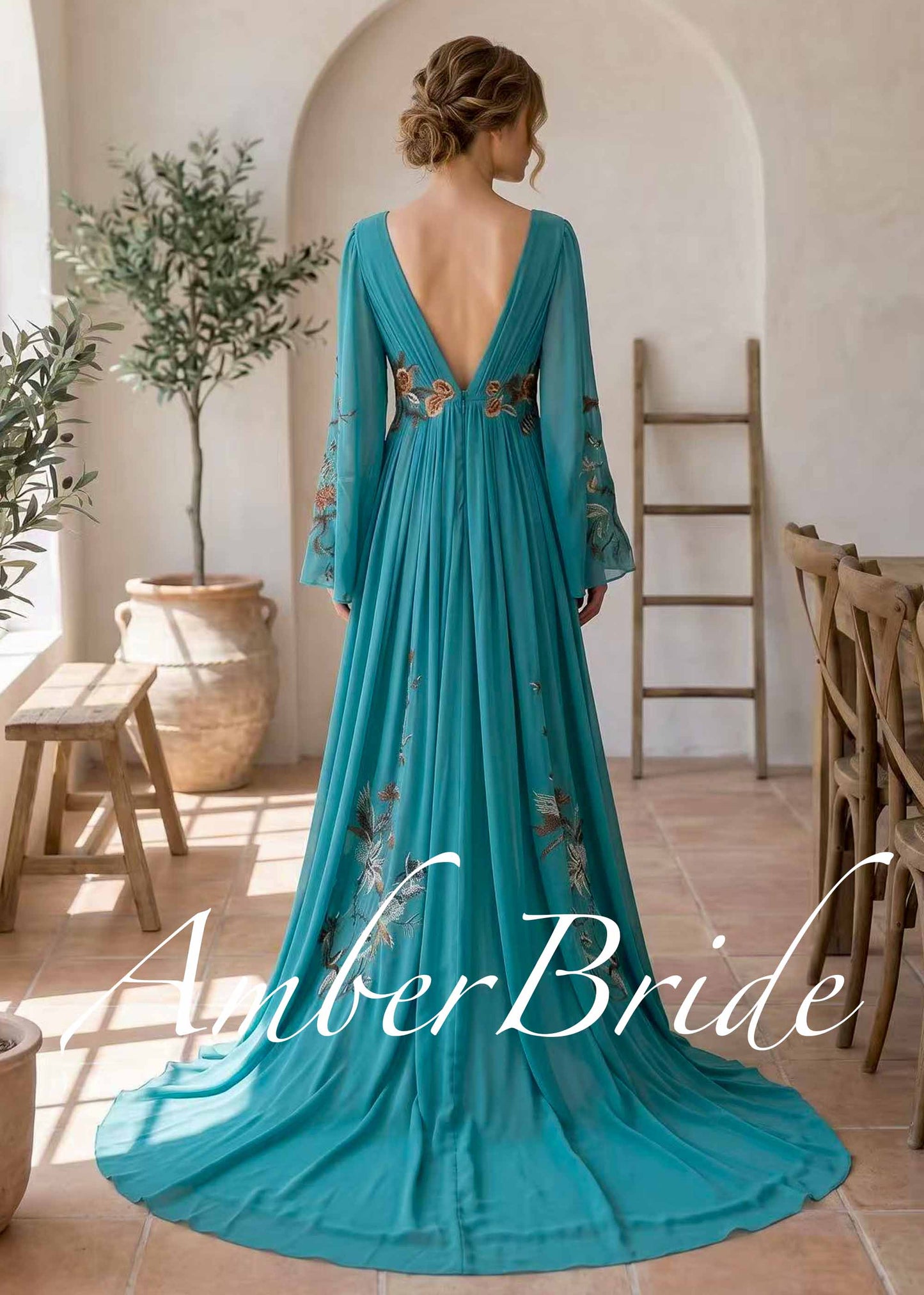Teal Floral Chiffon A-Line Wedding Dress