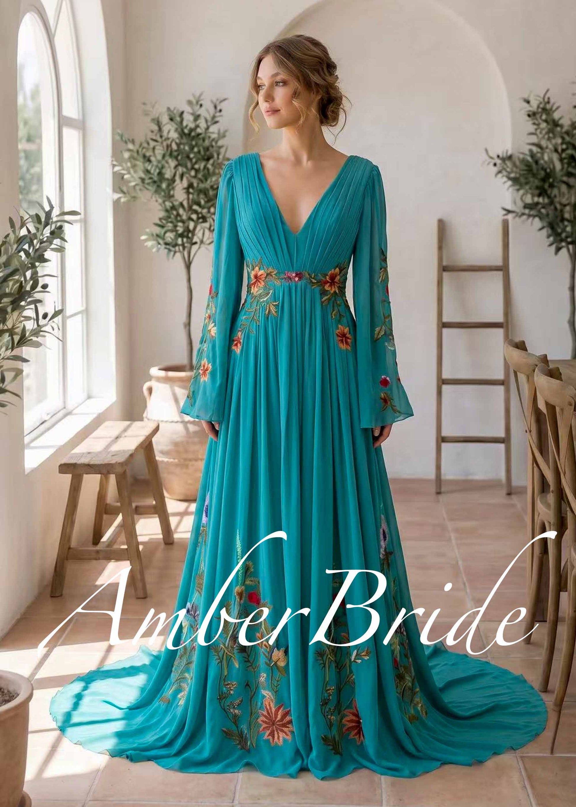 Teal Floral Chiffon A-Line Wedding Dress