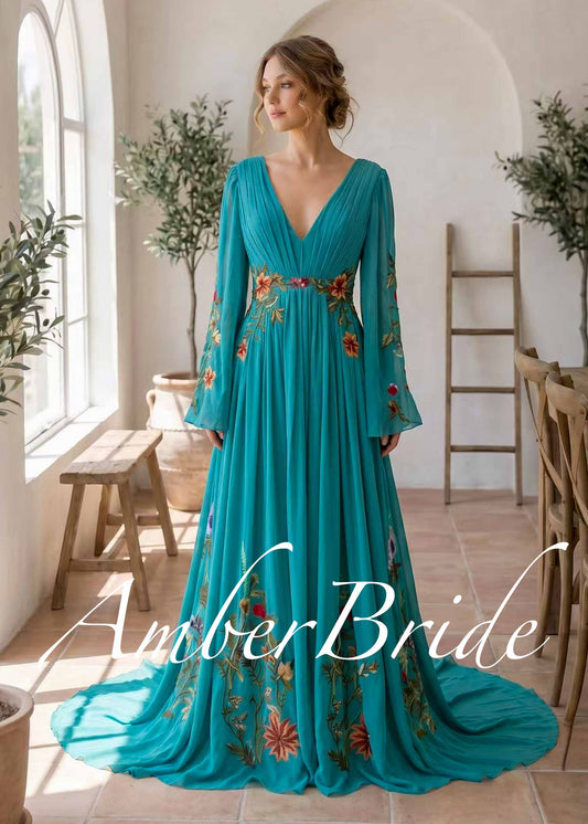Teal Floral Embroidered Chiffon A-Line Wedding Dress with Long Bell Sleeves and Open V-Back