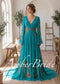 Teal Floral Embroidered Chiffon A-Line Wedding Dress with Long Bell Sleeves and Open V-Back