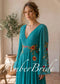 Teal Floral Embroidered Chiffon A-Line Wedding Dress with Long Bell Sleeves and Open V-Back