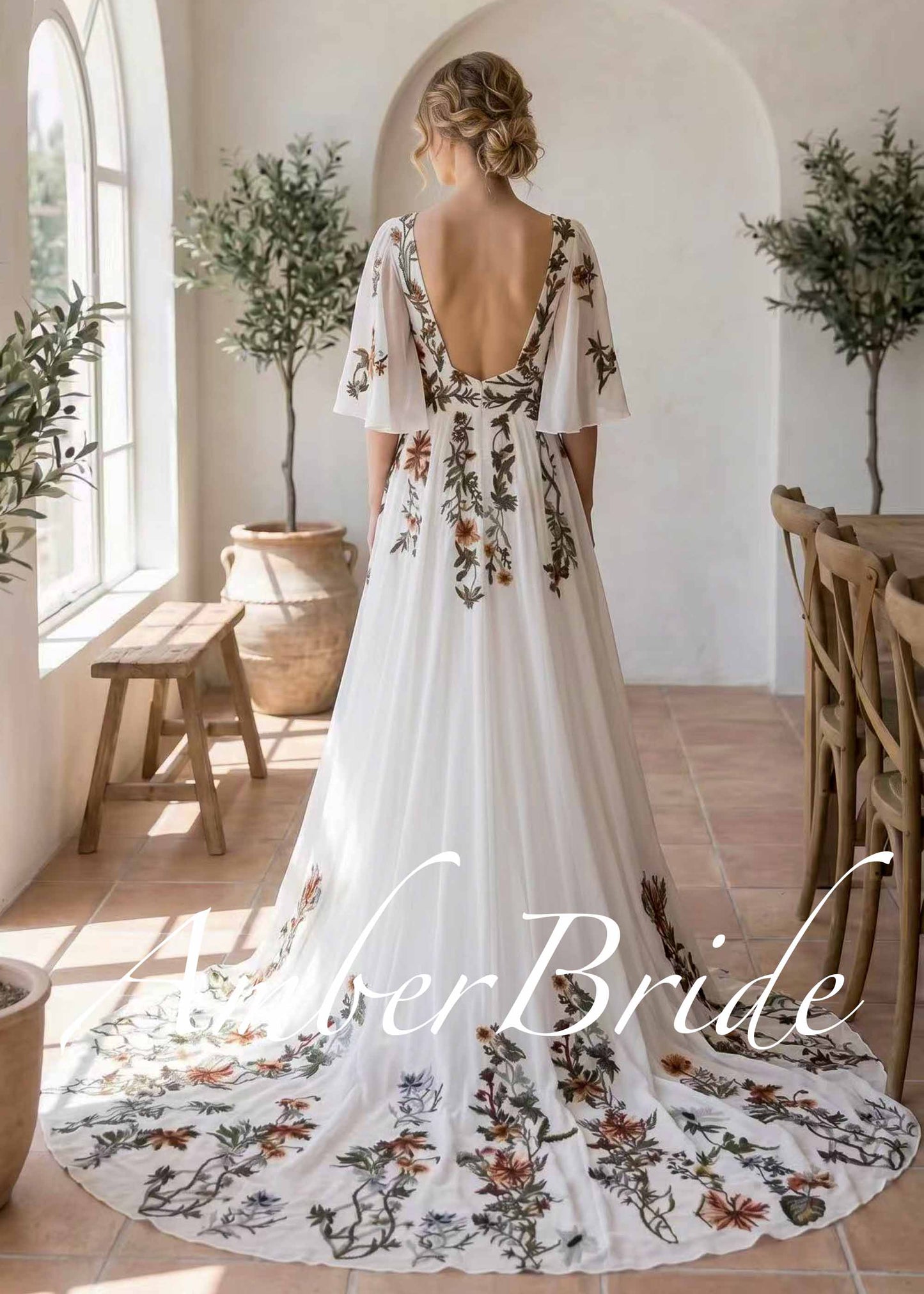 Botanical Embroidered Chiffon A-Line Wedding Dress with Flutter Sleeves, Deep V-Neck and Front Slit