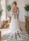 Botanical Embroidered Chiffon A-Line Wedding Dress with Flutter Sleeves, Deep V-Neck and Front Slit