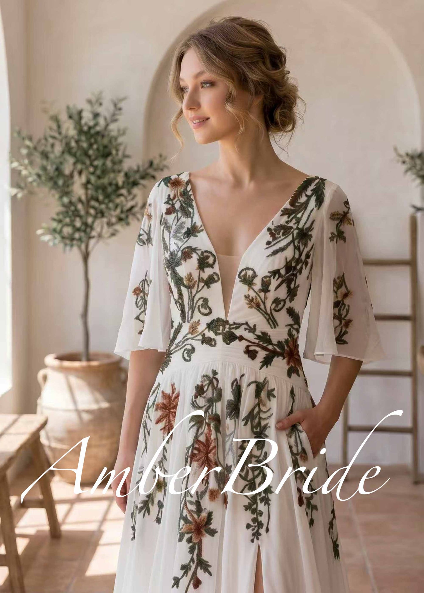 Botanical Embroidered Chiffon A-Line Wedding Dress with Flutter Sleeves, Deep V-Neck and Front Slit