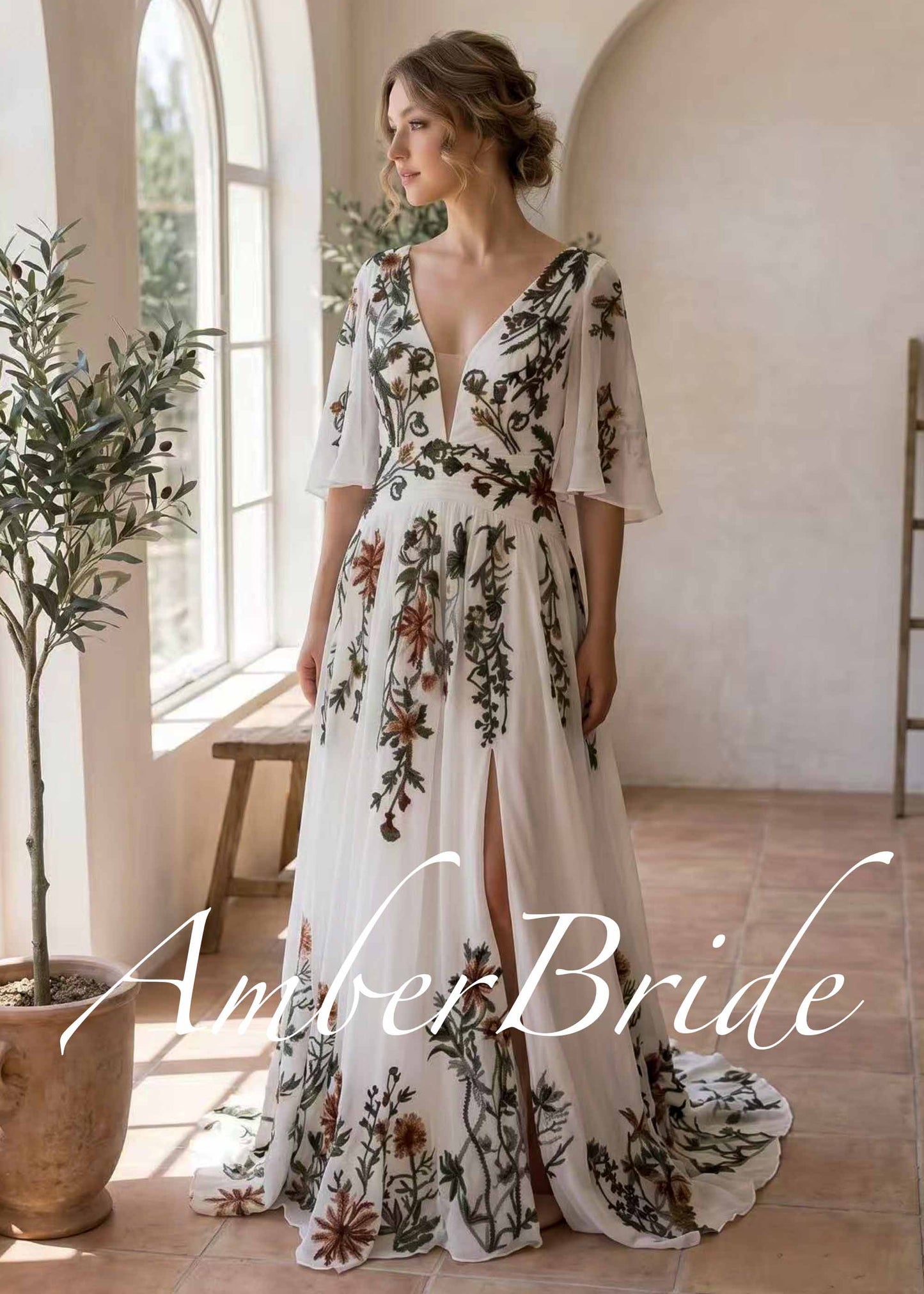 Botanical Embroidered Chiffon A-Line Wedding Dress with Flutter Sleeves, Deep V-Neck and Front Slit