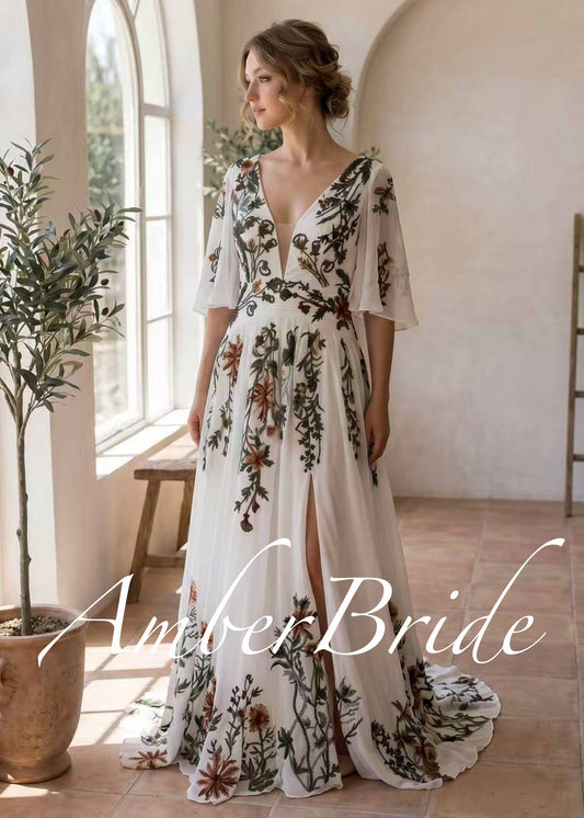 Botanical Embroidered Chiffon A-Line Wedding Dress with Flutter Sleeves, Deep V-Neck and Front Slit