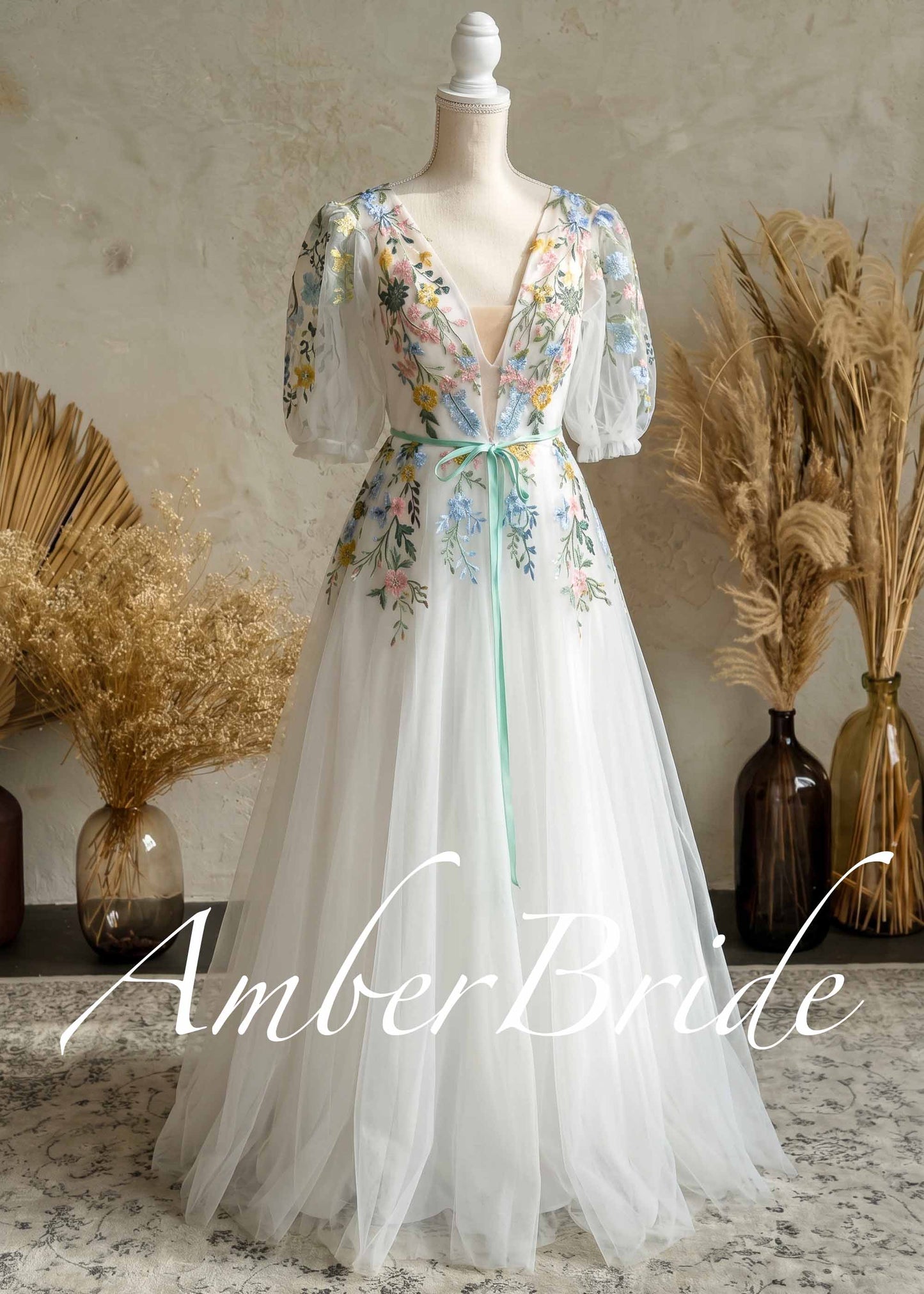 Floral Embroidered Tulle A-Line Wedding Dress with Deep V-Neck, Puff Sleeves and Ribbon Sash