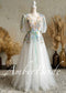 Floral Embroidered Tulle A-Line Wedding Dress with Deep V-Neck, Puff Sleeves and Ribbon Sash