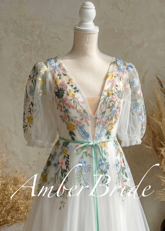 Floral Embroidered Tulle A-Line Wedding Dress with Deep V-Neck, Puff Sleeves and Ribbon Sash
