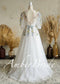 Floral Embroidered Tulle A-Line Wedding Dress with Deep V-Neck, Puff Sleeves and Ribbon Sash
