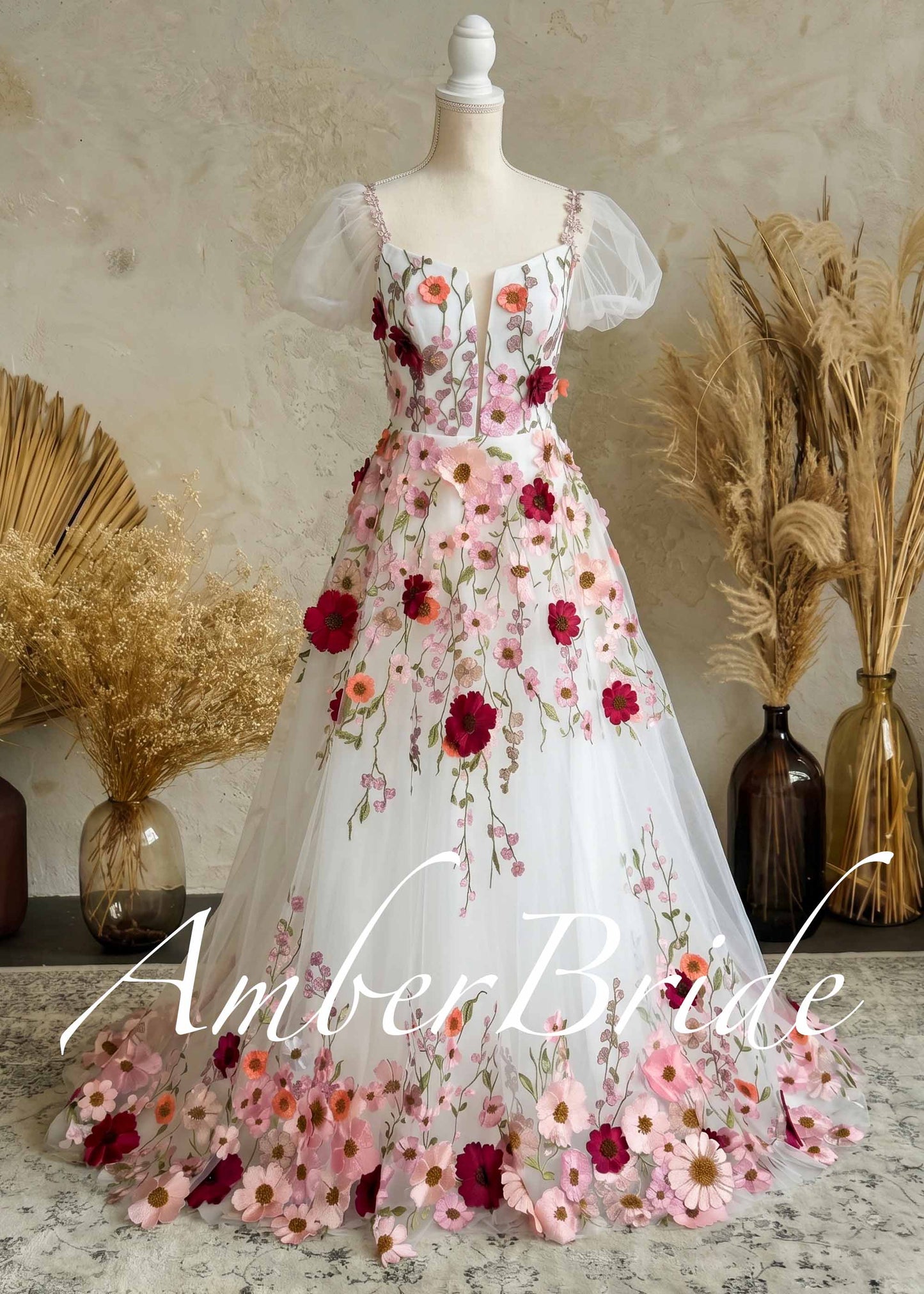 Floral 3D Appliqué Tulle A-Line Wedding Dress with Puff Sleeves and Lace-Up Corset Back