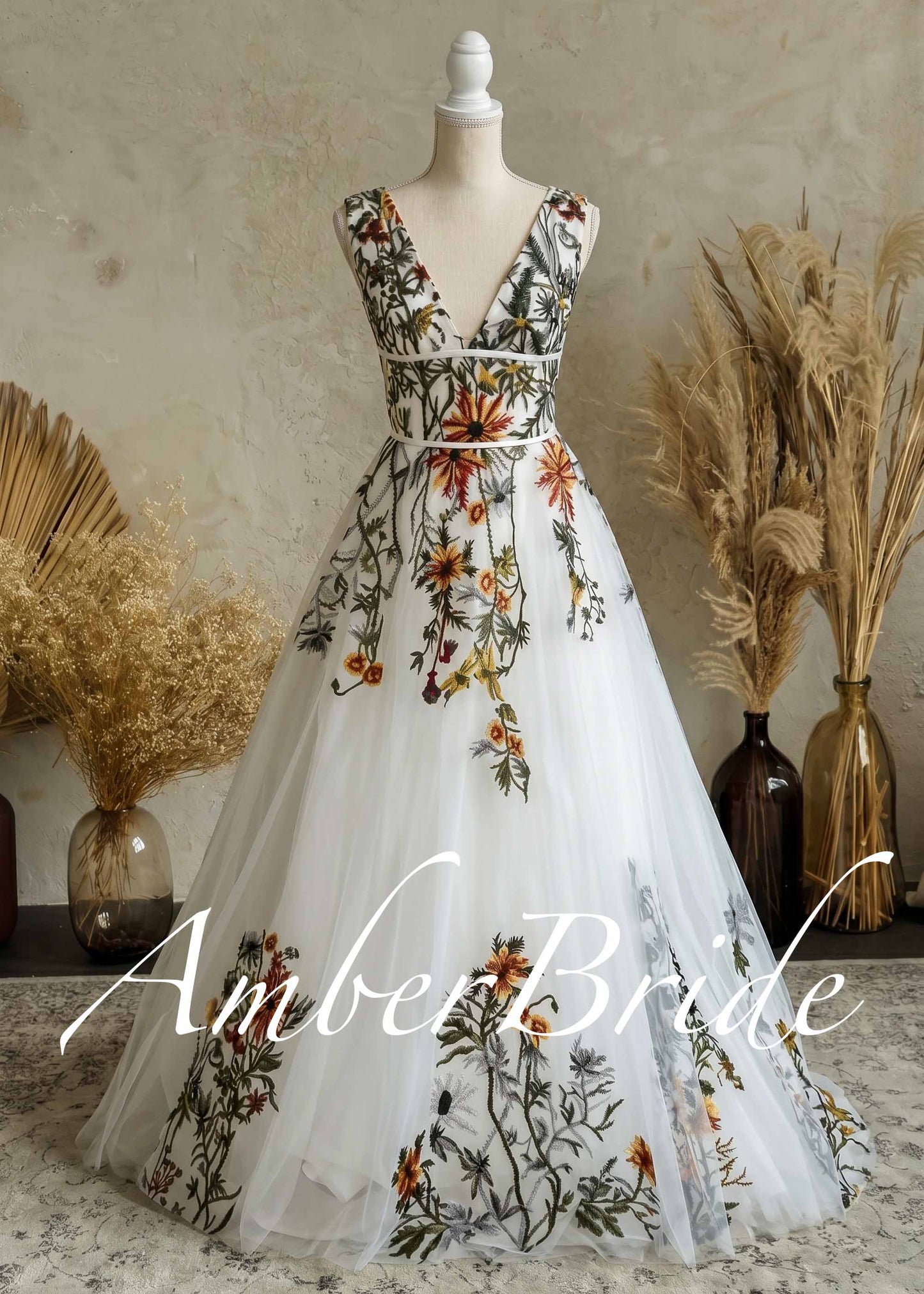 Wildflower Embroidered Tulle A-Line Wedding Dress with V-Neck and Open Back