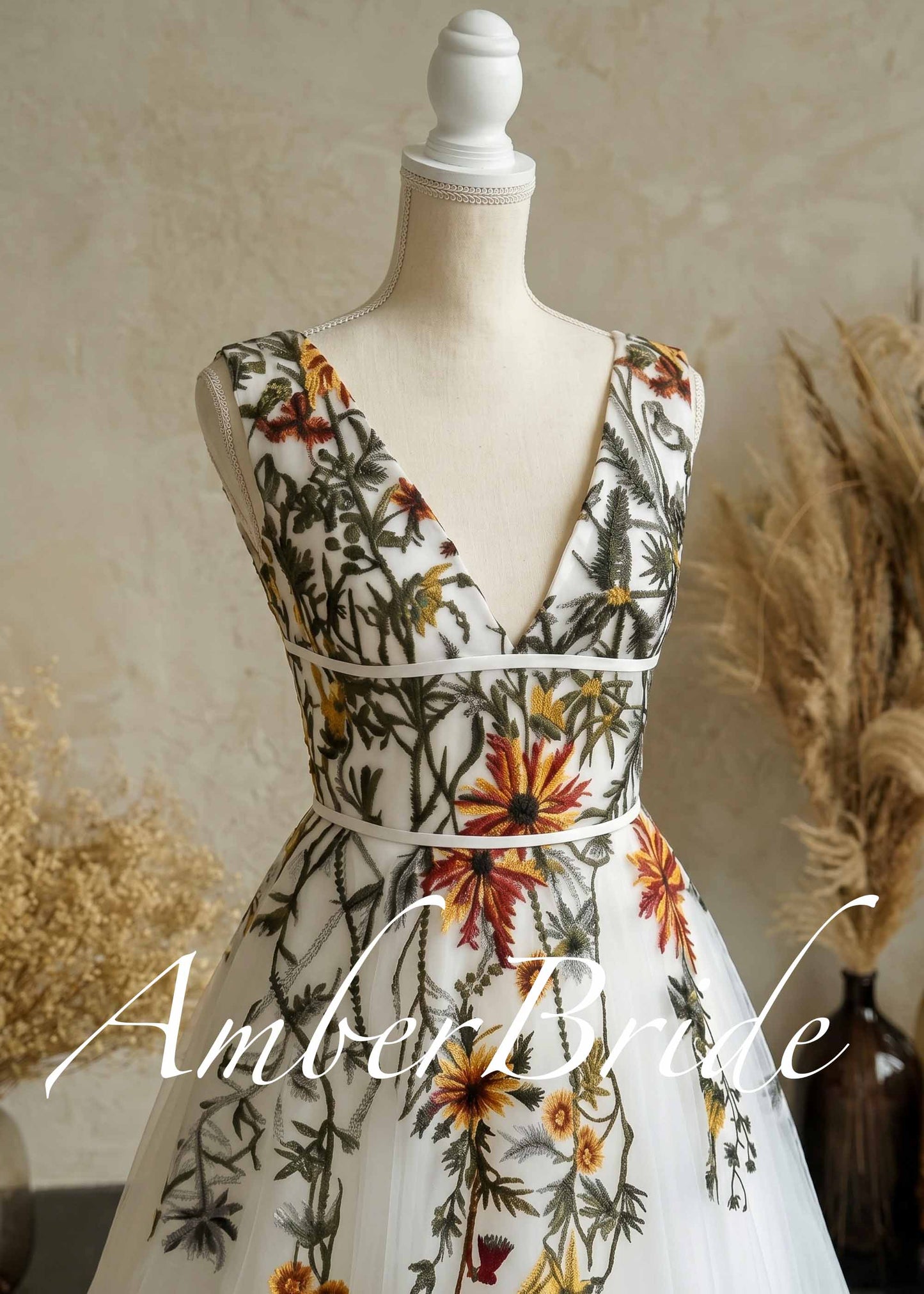 Wildflower Embroidered Tulle A-Line Wedding Dress with V-Neck and Open Back