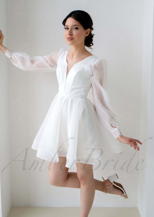 Elegant Knee Length Organza Dress with Long Puffy Sleeve