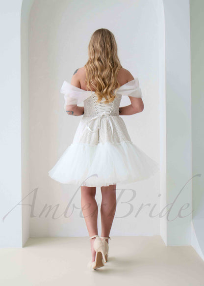 Exclusive Knee Length Off Shoulder Tulle dress with Corset