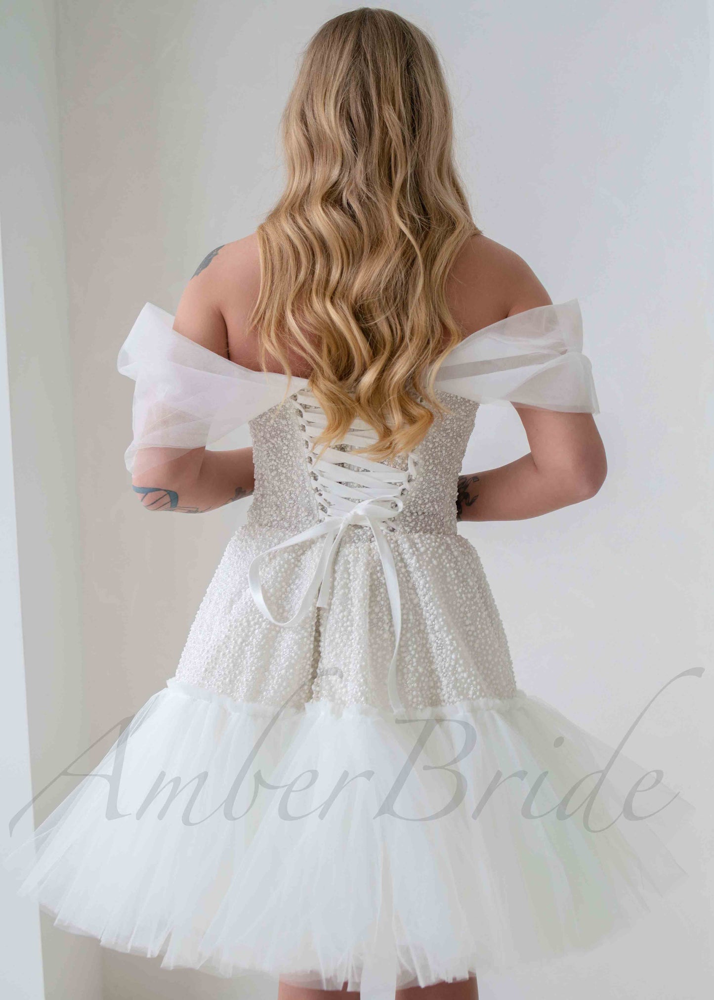 Exclusive Knee Length Off Shoulder Tulle dress with Corset