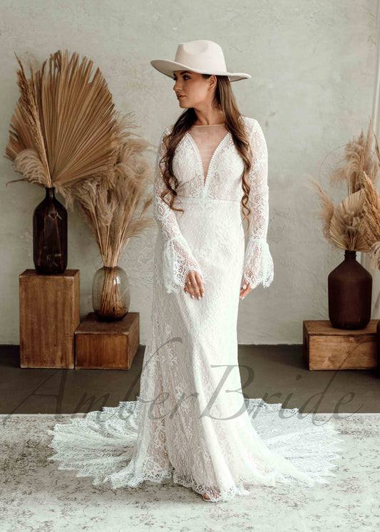 Boho Mermaid Lace Wedding Dress with Long Sleeve and Backless Design