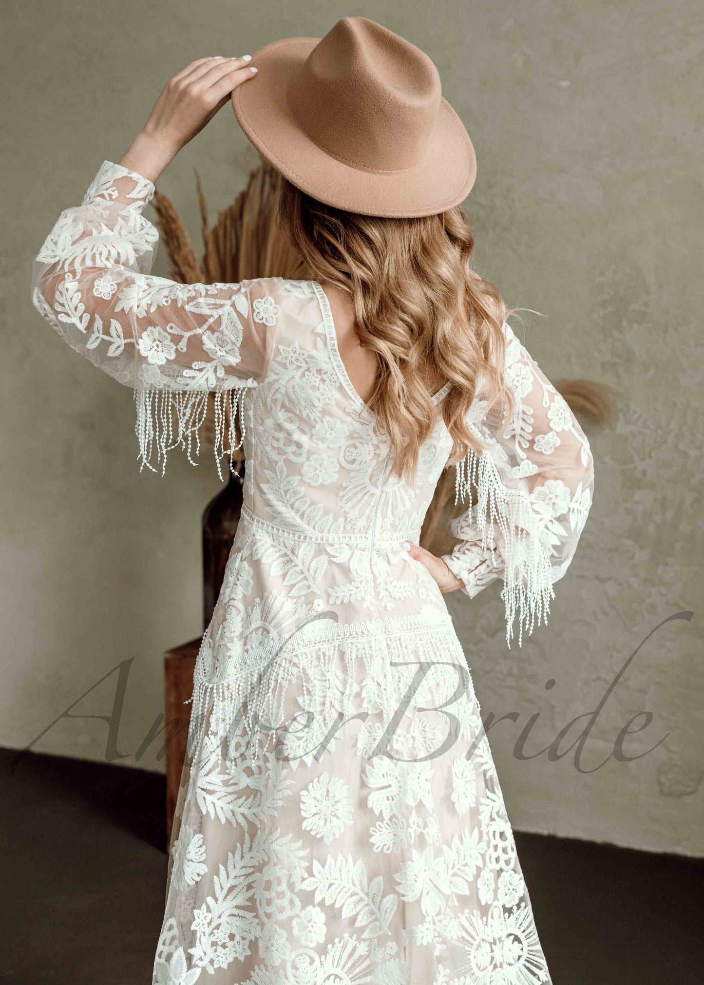 STOCK SELL-OUT: Boho A Line Wedding Dress with Lace Flower Appliques