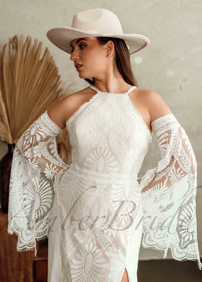 Boho Sheath Lace Wedding Dress with High Neck and Spaghetti Straps