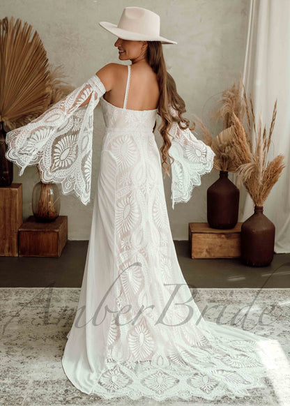 Boho Sheath Lace Wedding Dress with High Neck and Spaghetti Straps